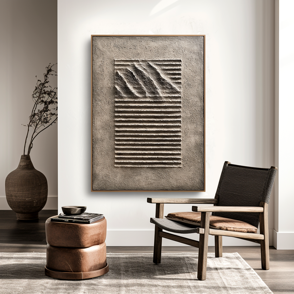 Minimalist textured abstract sand art with 3D stripes and waves in neutral beige and gray tones.