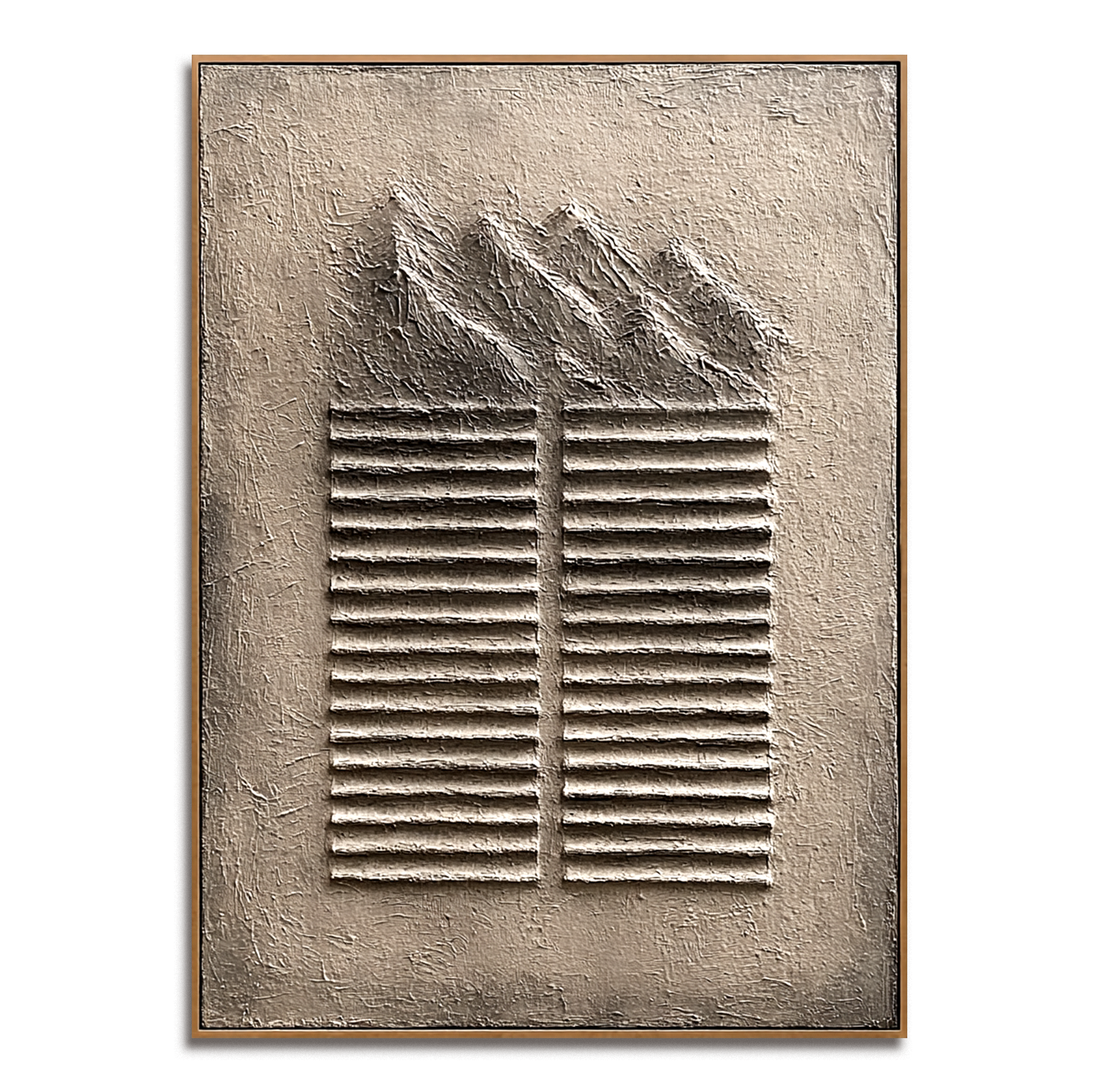 Abstract textured mountain art with 3D relief stripes and neutral tones in beige and gray.