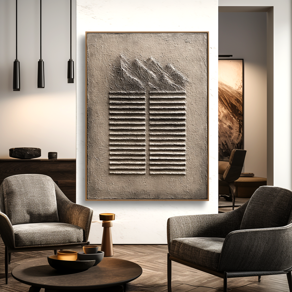 Abstract textured mountain art with 3D relief stripes and neutral tones in beige and gray.