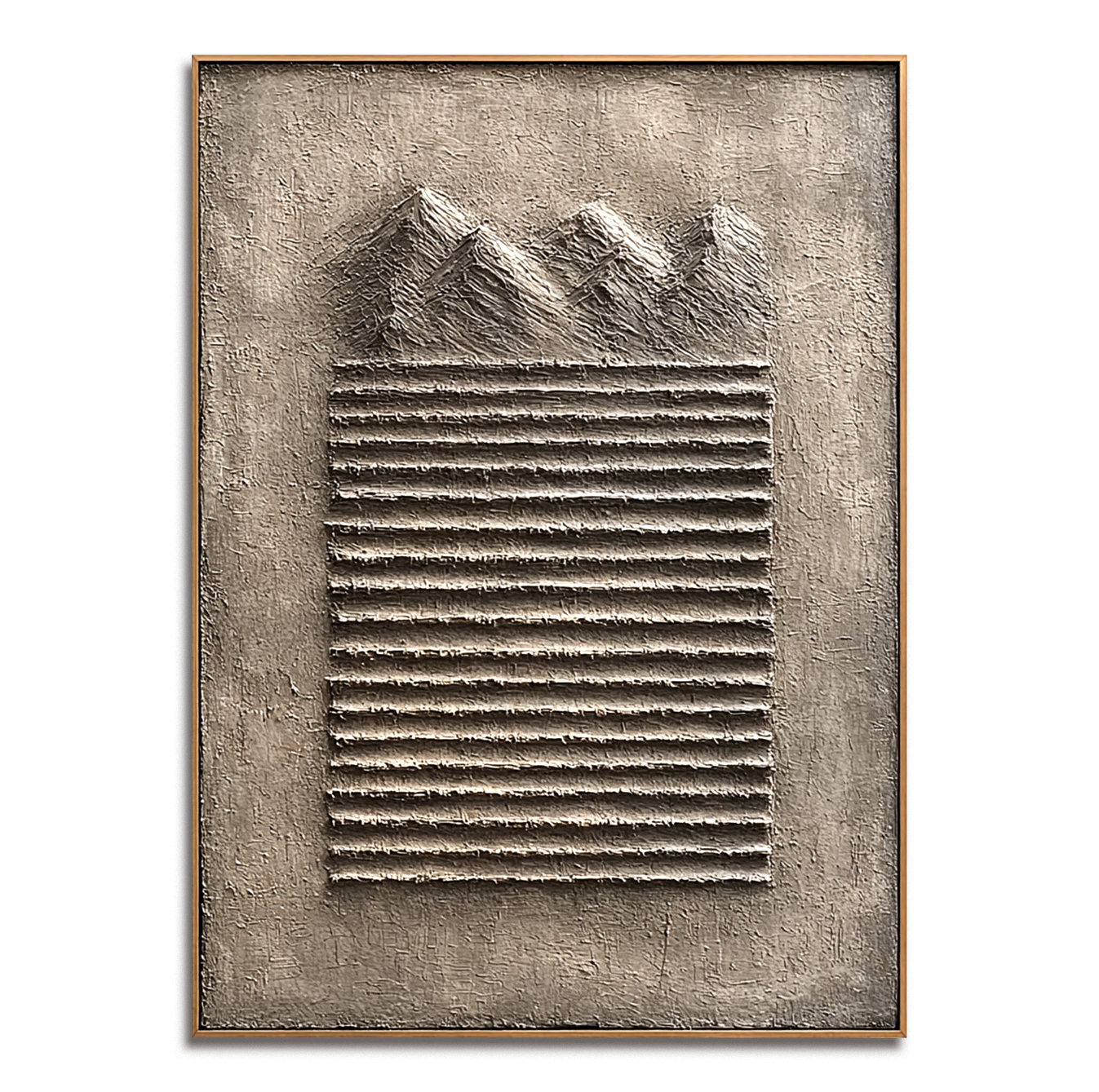 Abstract textured mountain art with 3D relief stripes in earthy beige and gray tones.
