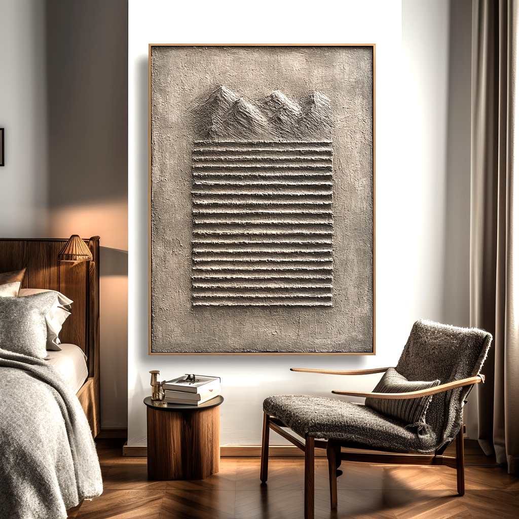 Abstract textured mountain art with 3D relief stripes in earthy beige and gray tones.