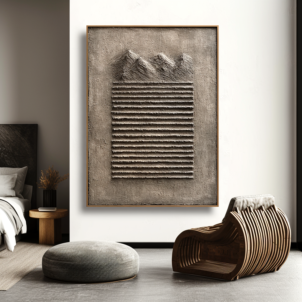Abstract textured mountain art with 3D relief stripes in earthy beige and gray tones.
