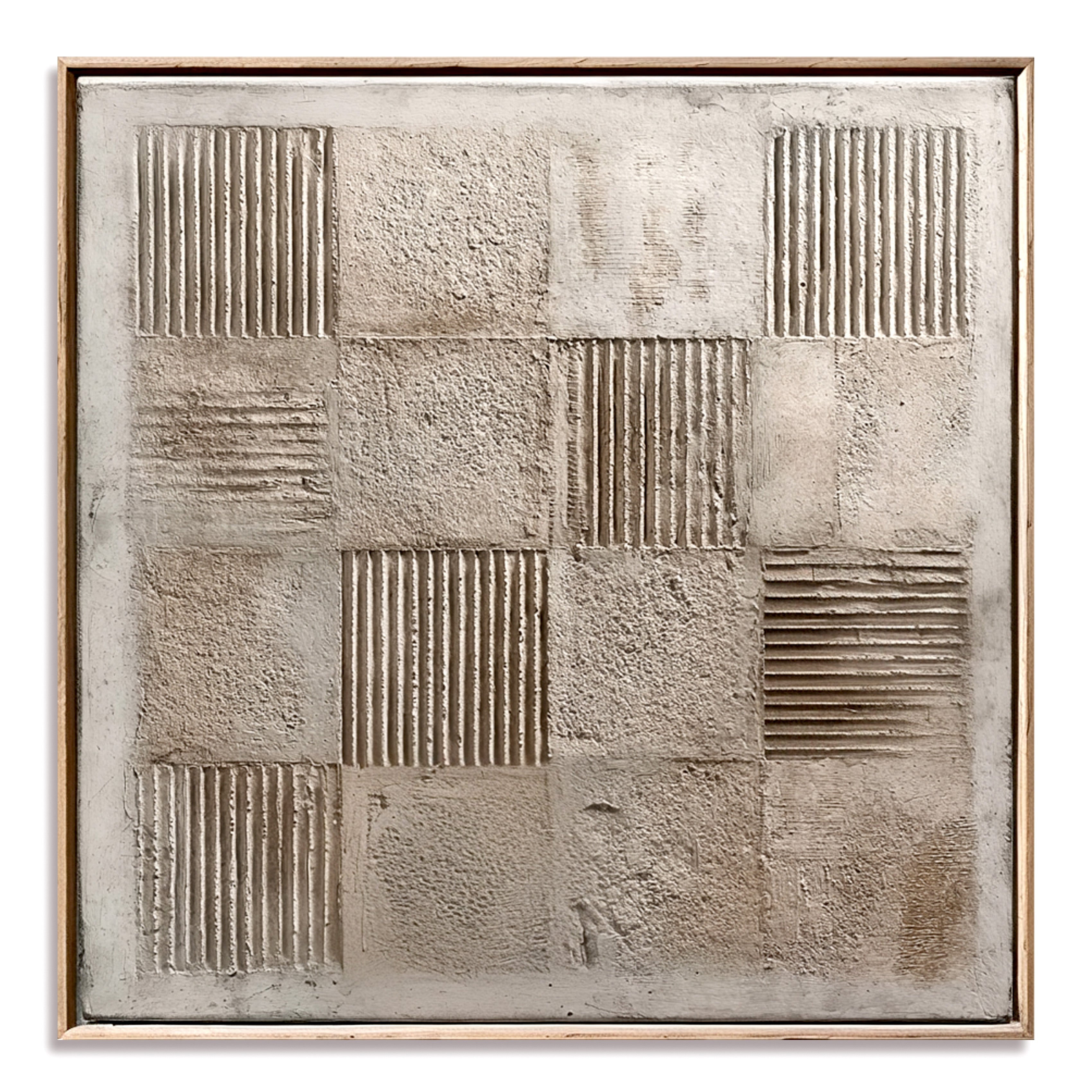 Abstract minimalist art of textured blocks with raised lines and rough surfaces in neutral beige and gray tones