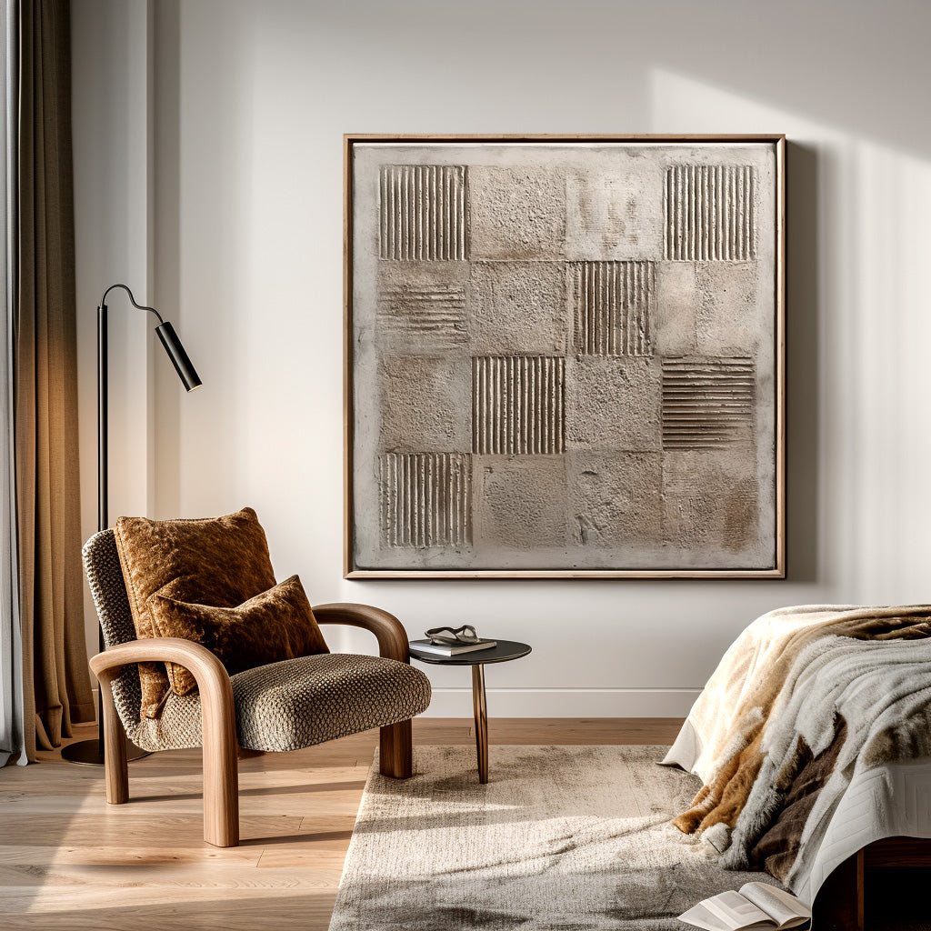 Abstract minimalist art of textured blocks with raised lines and rough surfaces in neutral beige and gray tones