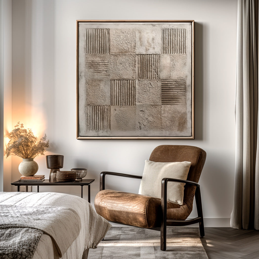 Abstract minimalist art of textured blocks with raised lines and rough surfaces in neutral beige and gray tones