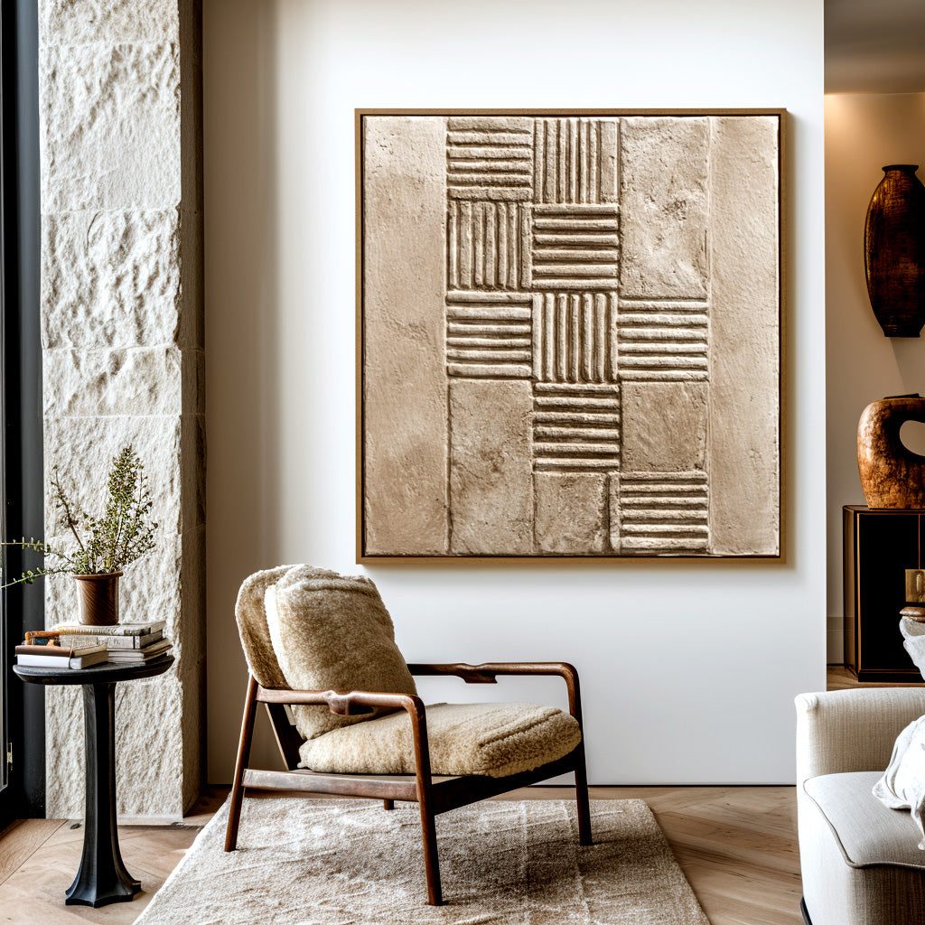 Minimalist abstract art with textured geometric squares in beige with raised and smooth lines