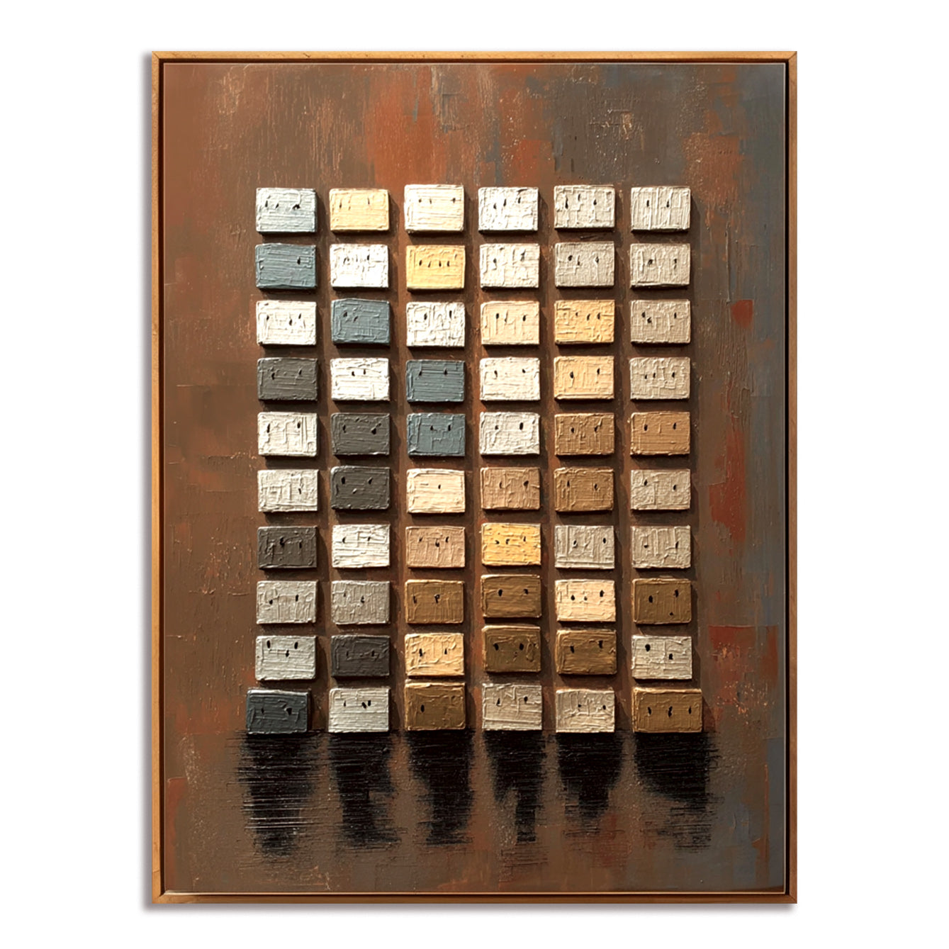 Textured oil painting of a grid of geometric blocks in earthy tones of beige, white, gray, and muted blue on a distressed copper background