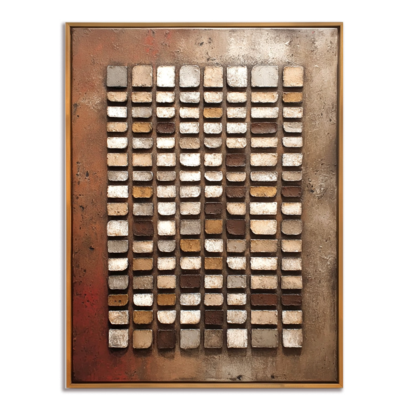 Abstract oil painting of geometric grid with textured blocks in brown, beige, and white shades on a muted rust-colored background