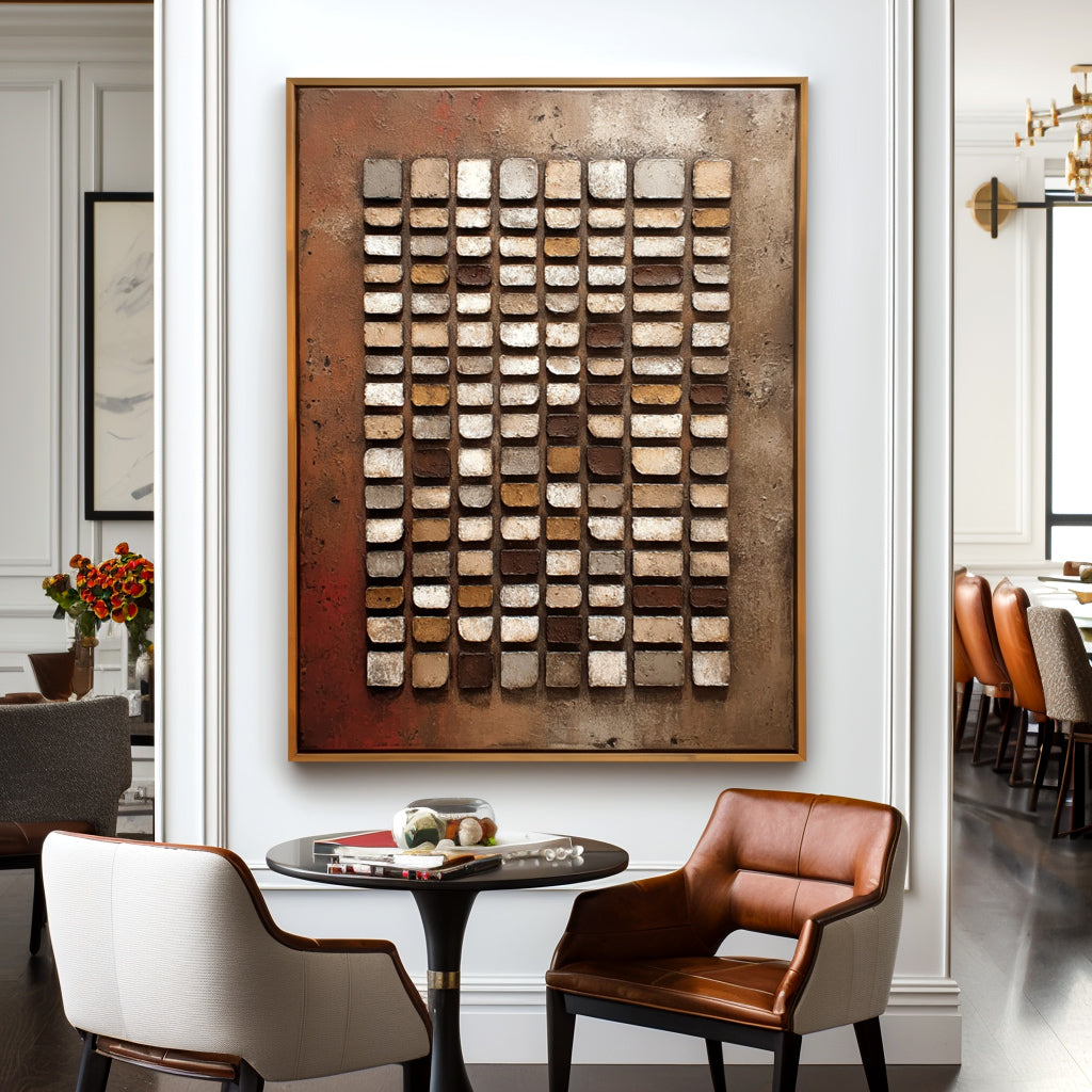 Abstract oil painting of geometric grid with textured blocks in brown, beige, and white shades on a muted rust-colored background