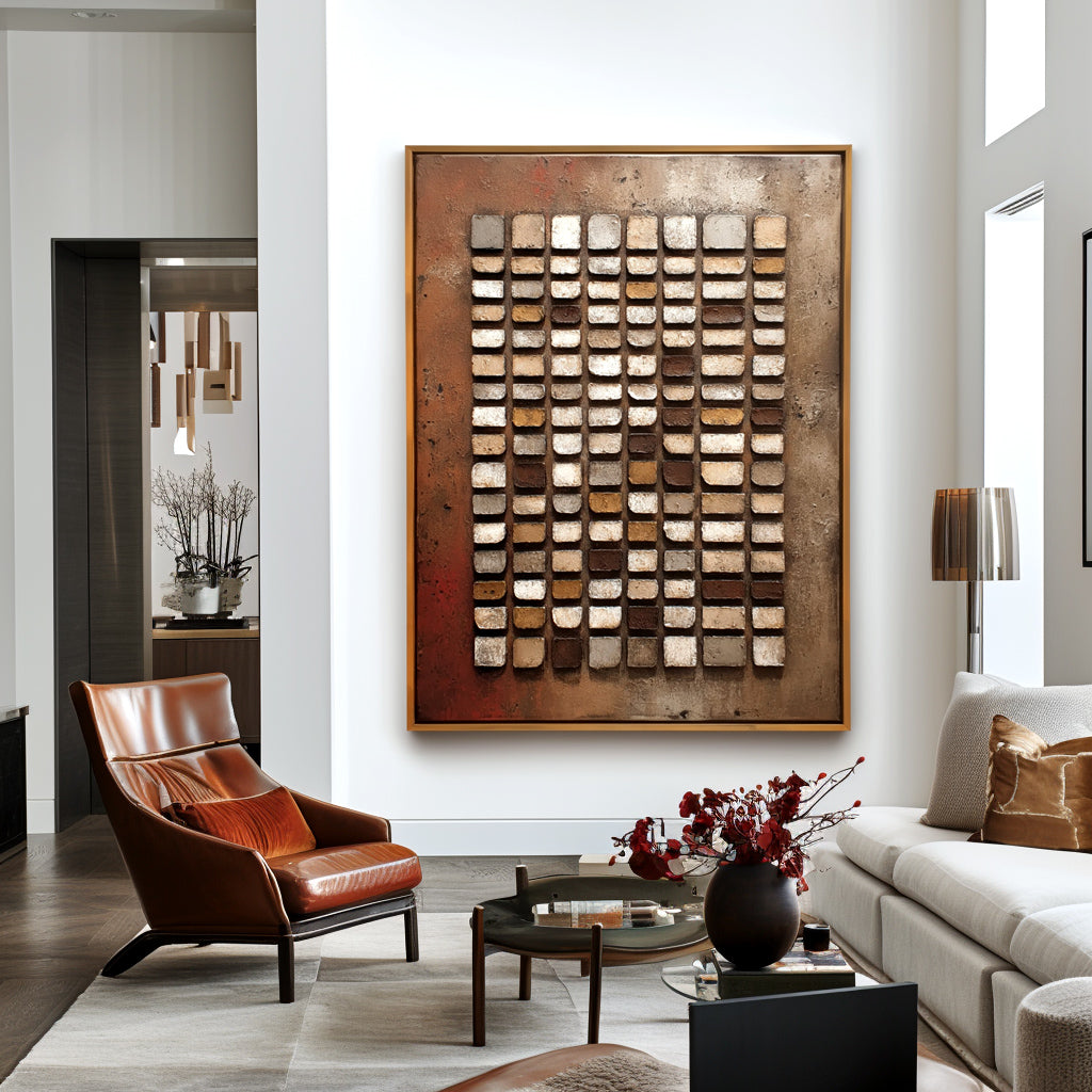 Abstract oil painting of geometric grid with textured blocks in brown, beige, and white shades on a muted rust-colored background