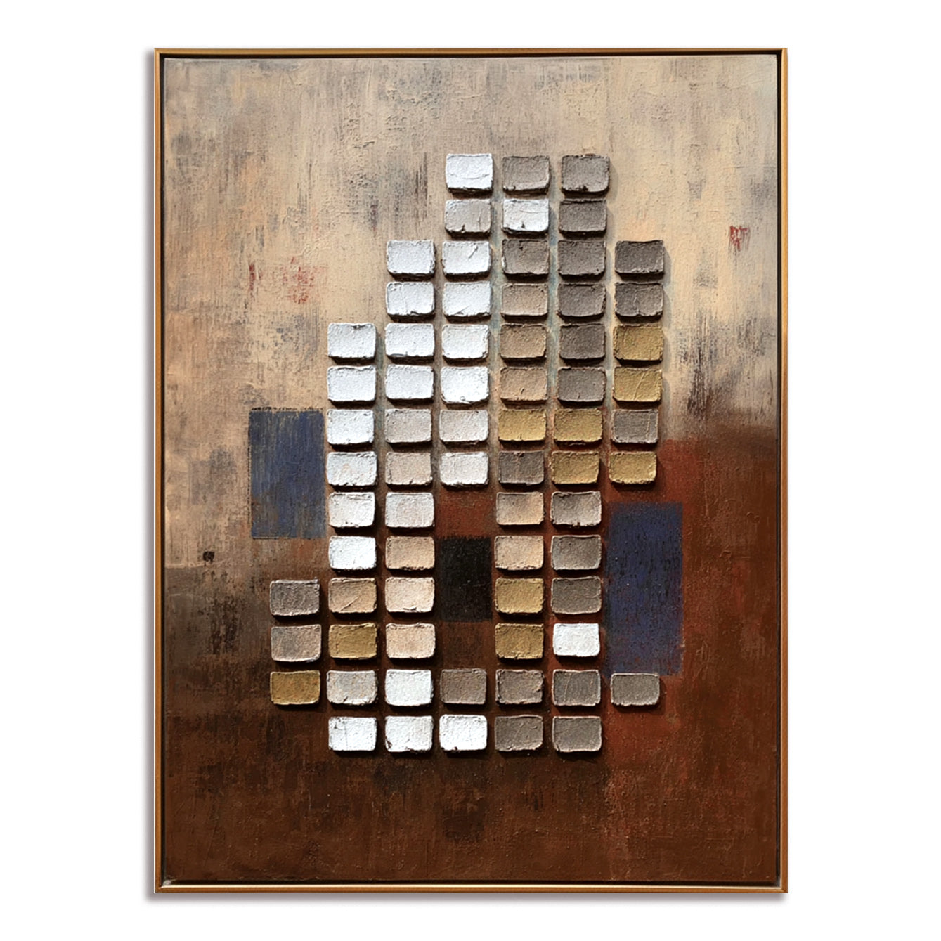 Textured abstract squares painting with raised blocks in neutral brown, white, and gold tones