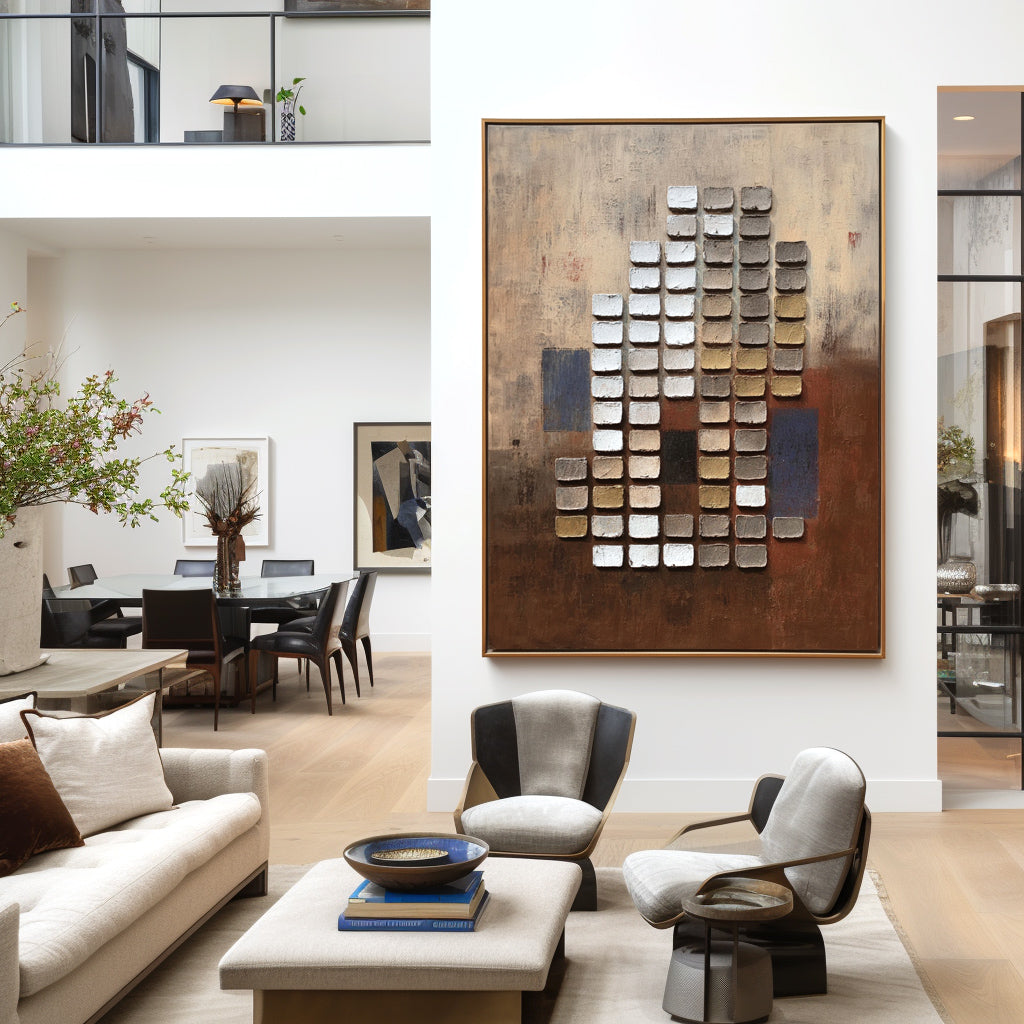 Textured abstract squares painting with raised blocks in neutral brown, white, and gold tones