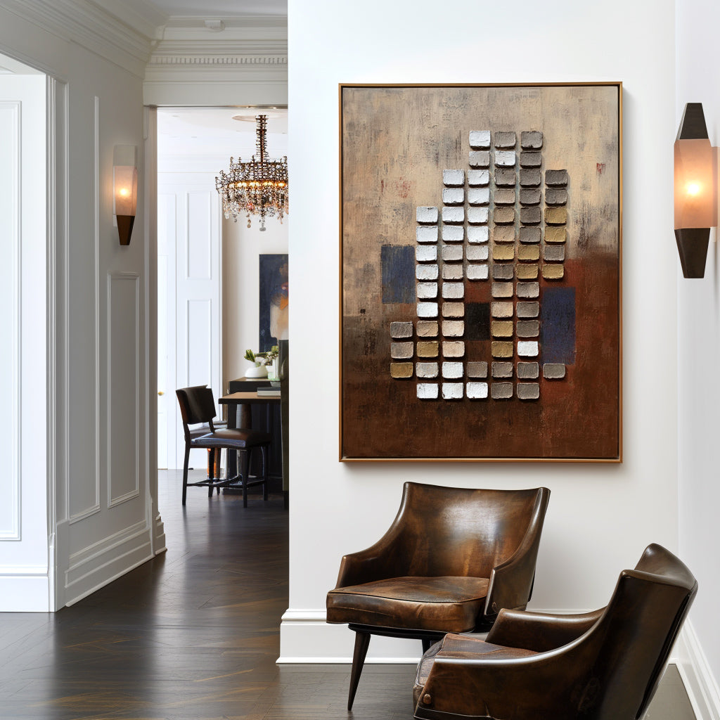 Textured abstract squares painting with raised blocks in neutral brown, white, and gold tones