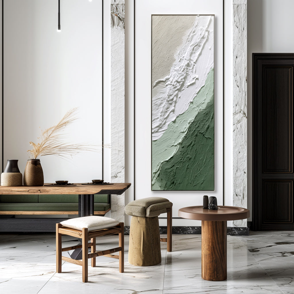 Abstract Textured Landscape - Earthy Green and White Design