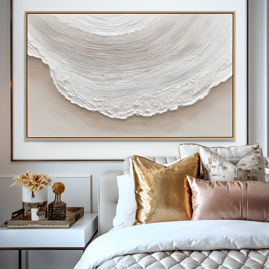 Abstract textured white wave painting with soft beige tones.