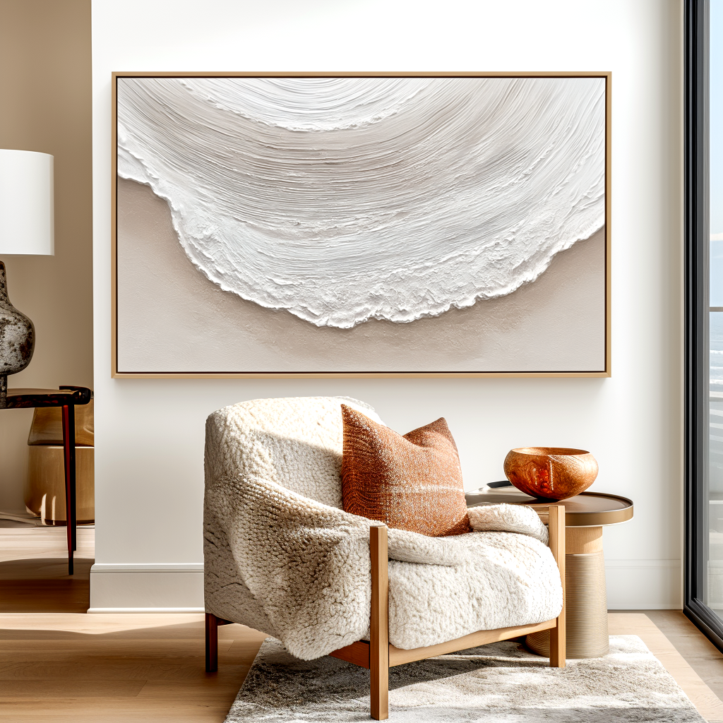 Abstract textured white wave painting with soft beige tones.