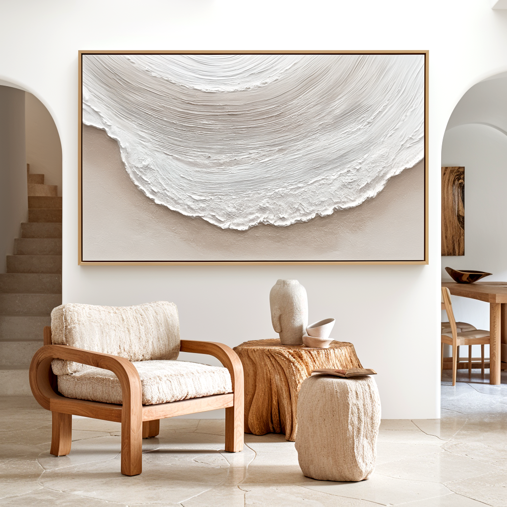 Abstract textured white wave painting with soft beige tones.