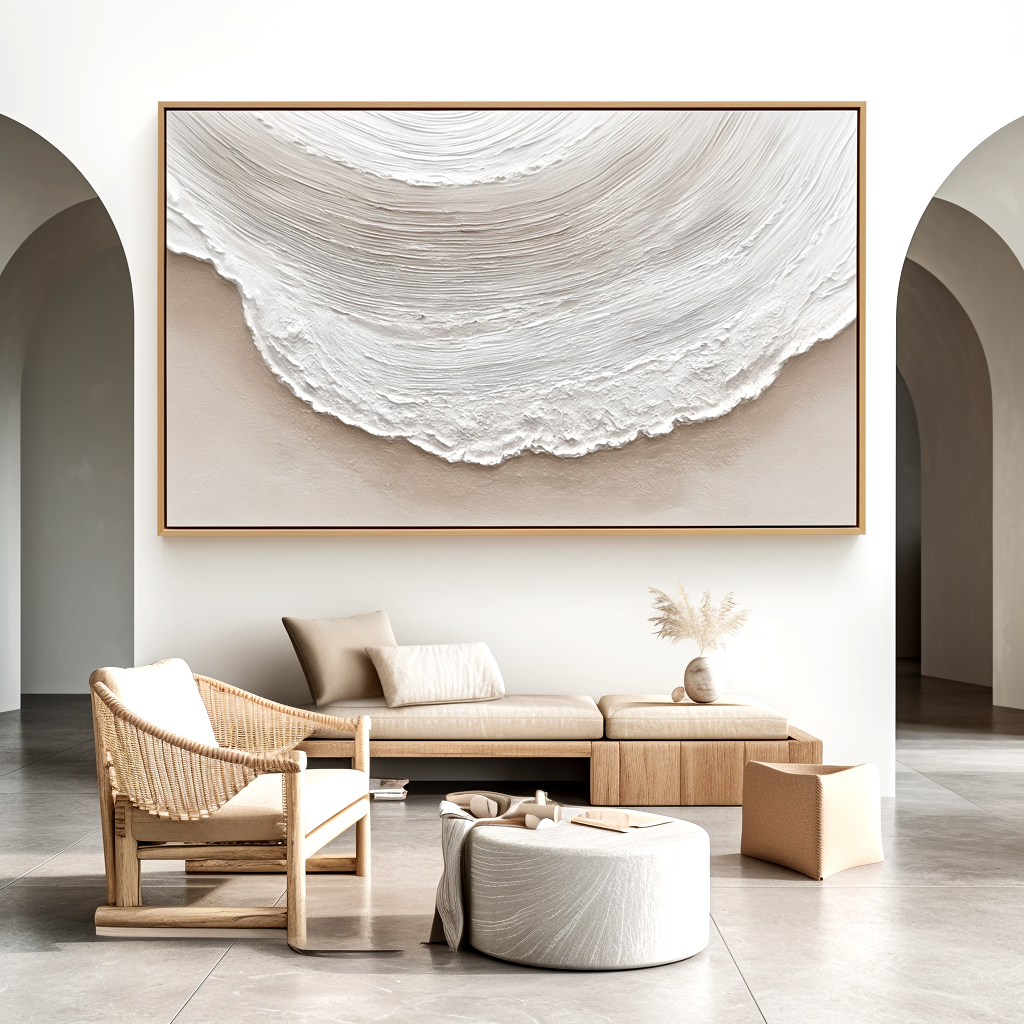 Abstract textured white wave painting with soft beige tones.