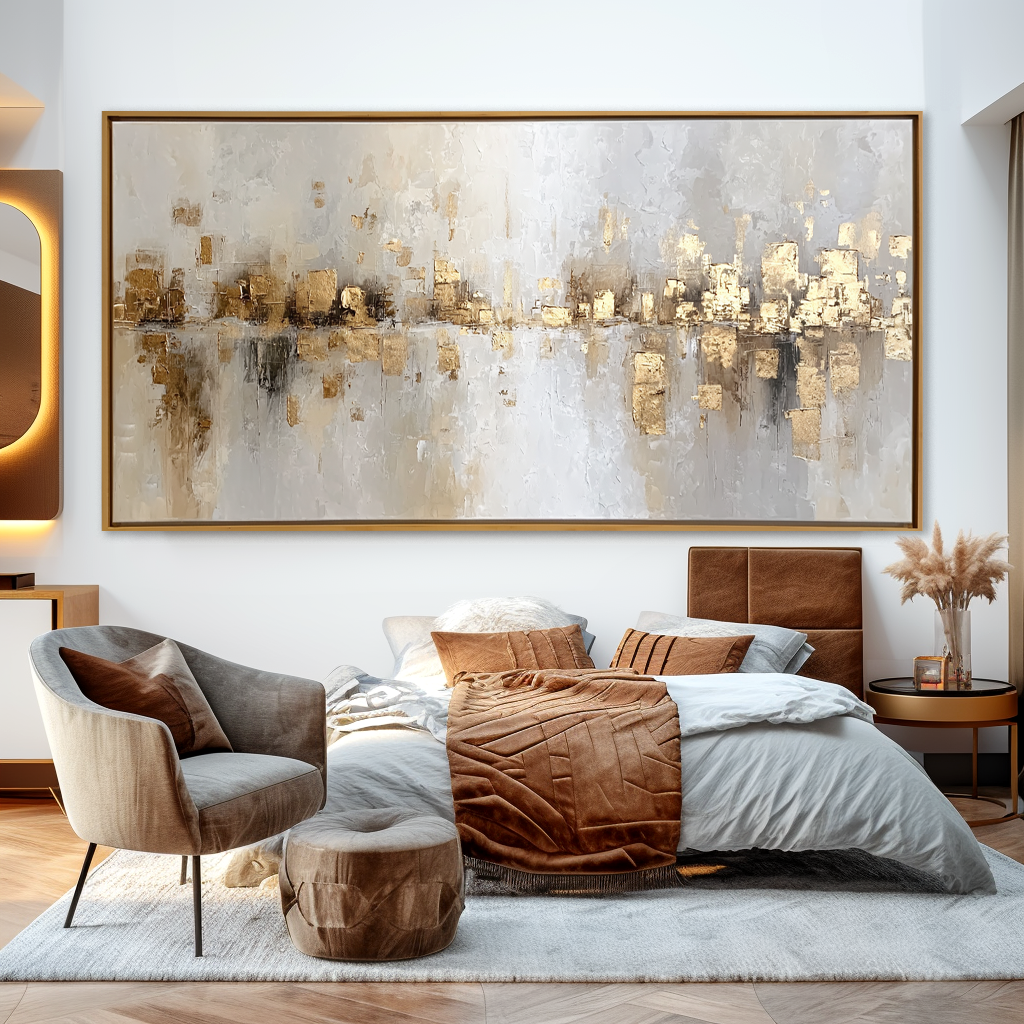 Golden Cityscape Reflection - Textured Oil Painting