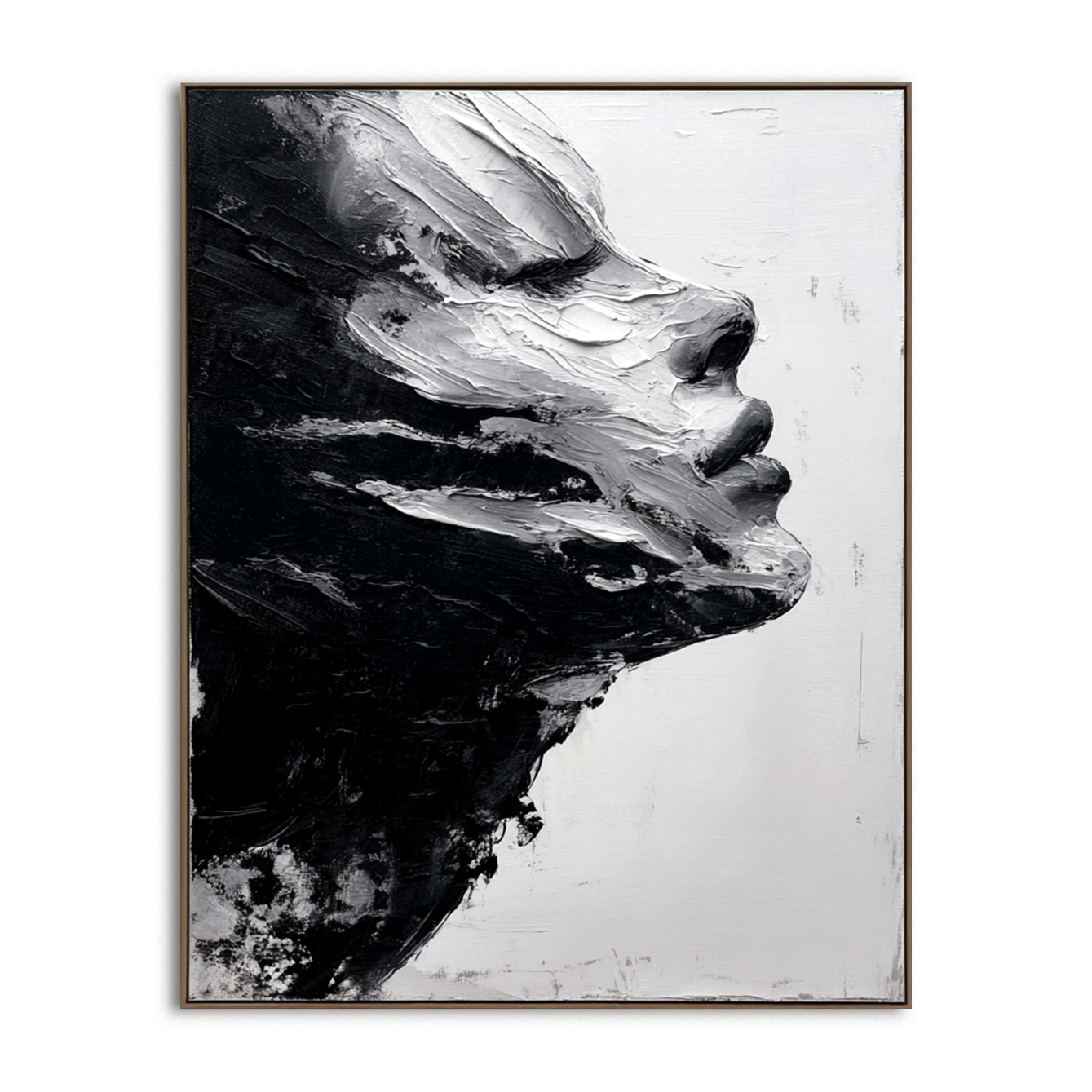 Abstract black and white textured oil portrait with strong brushstrokes.