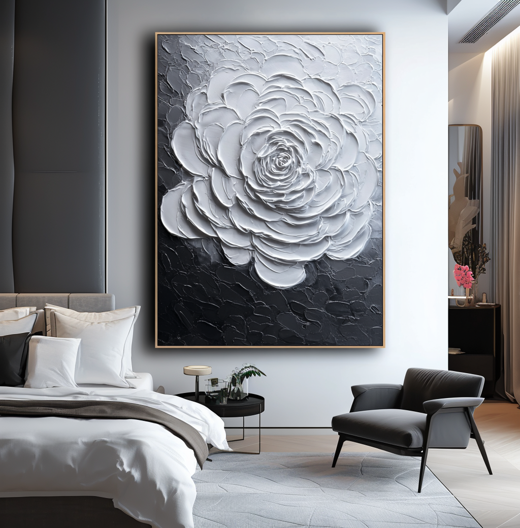 Textured white rose in black and white oil painting with impasto technique.