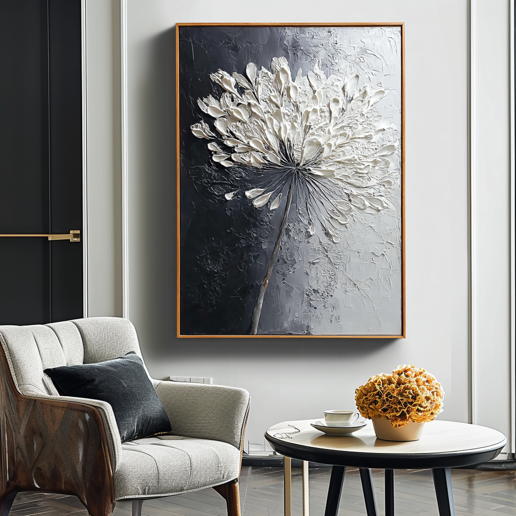 Impasto oil painting of a white flower with textured petals, black background.