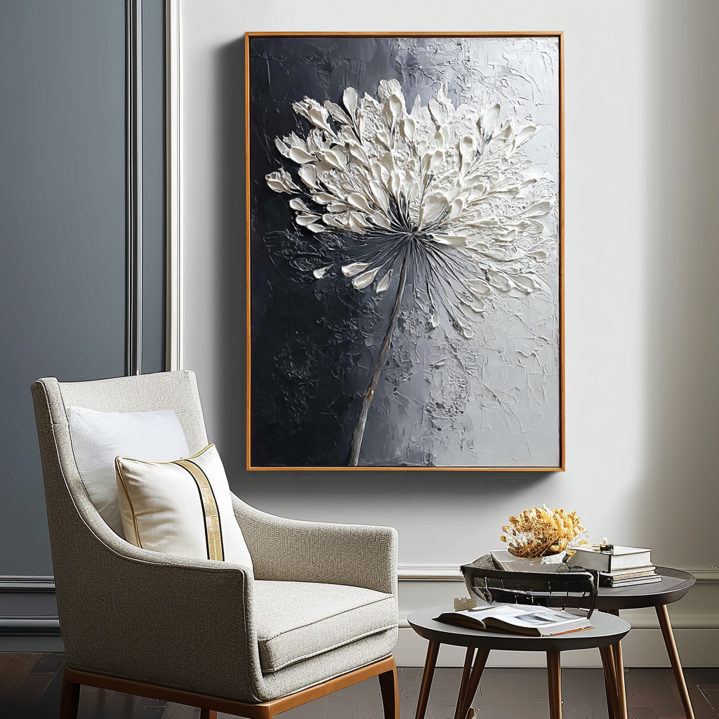 Impasto oil painting of a white flower with textured petals, black background.