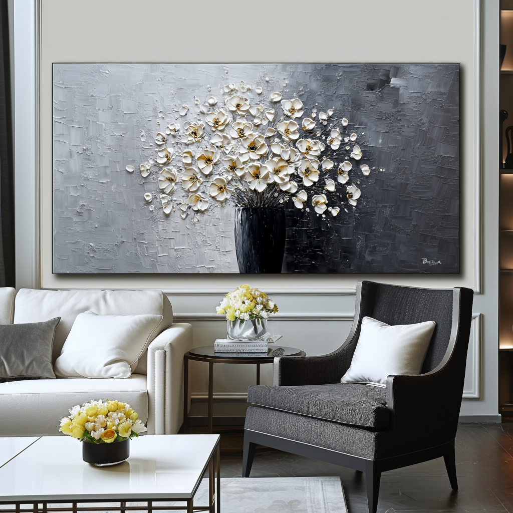 Impasto oil painting of a white flower bouquet in a black vase with a gray background.