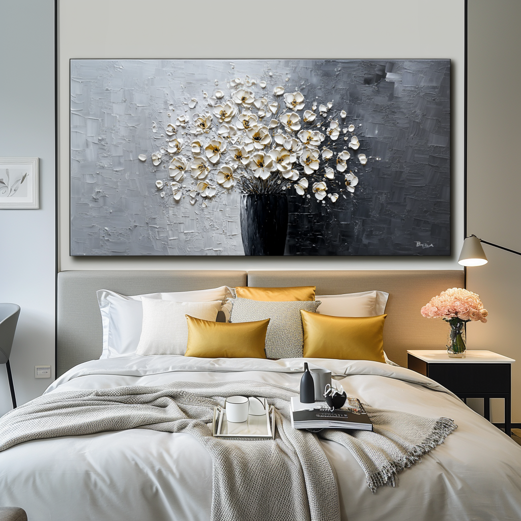 Impasto oil painting of a white flower bouquet in a black vase with a gray background.