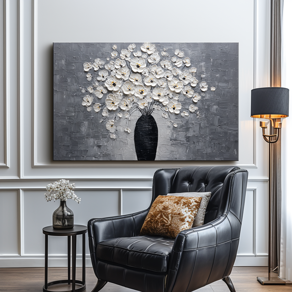 Impasto oil painting of a white flower bouquet in a black vase with a gray background.