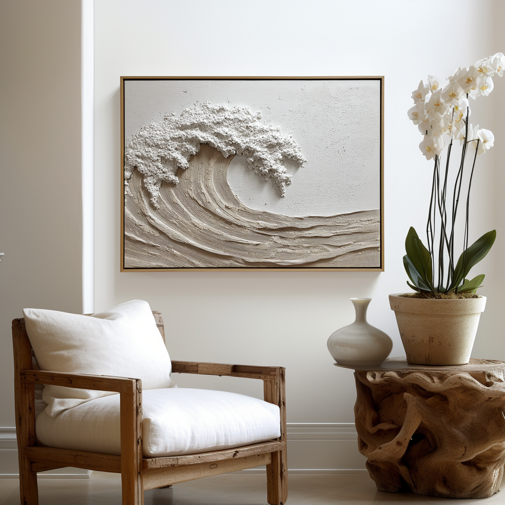 Textured 3D wave oil painting with white foam and intricate lines on canvas