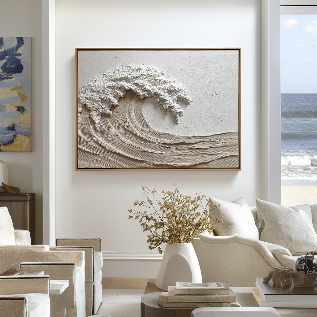 Textured 3D wave oil painting with white foam and intricate lines on canvas