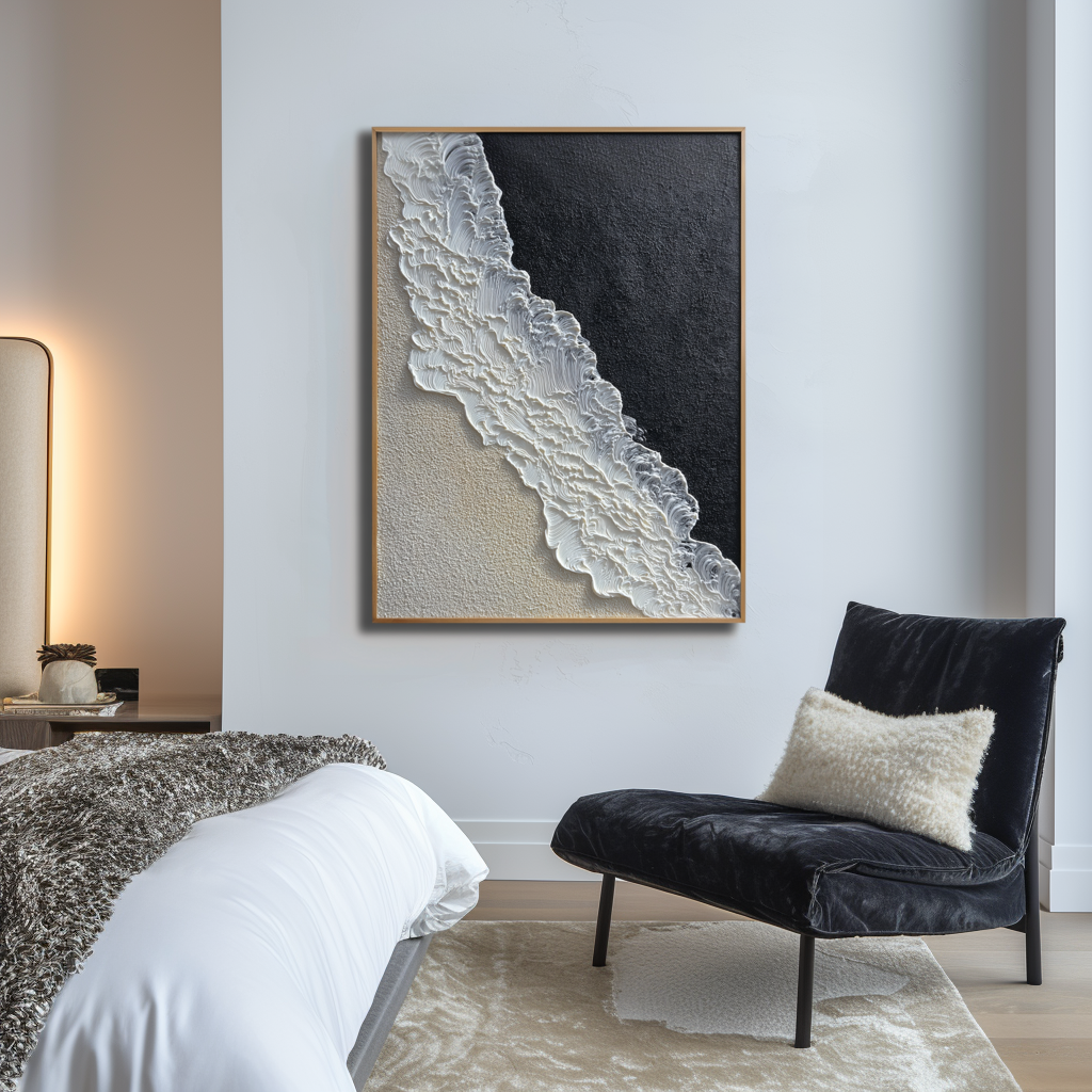 Textured abstract wave oil painting in black, beige, and white with 3D relief effects
