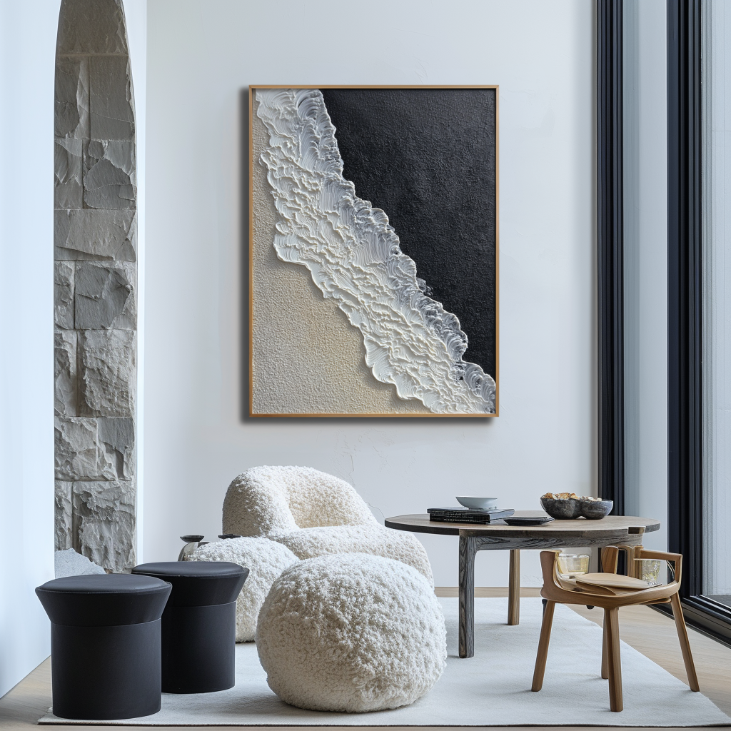 Textured abstract wave oil painting in black, beige, and white with 3D relief effects