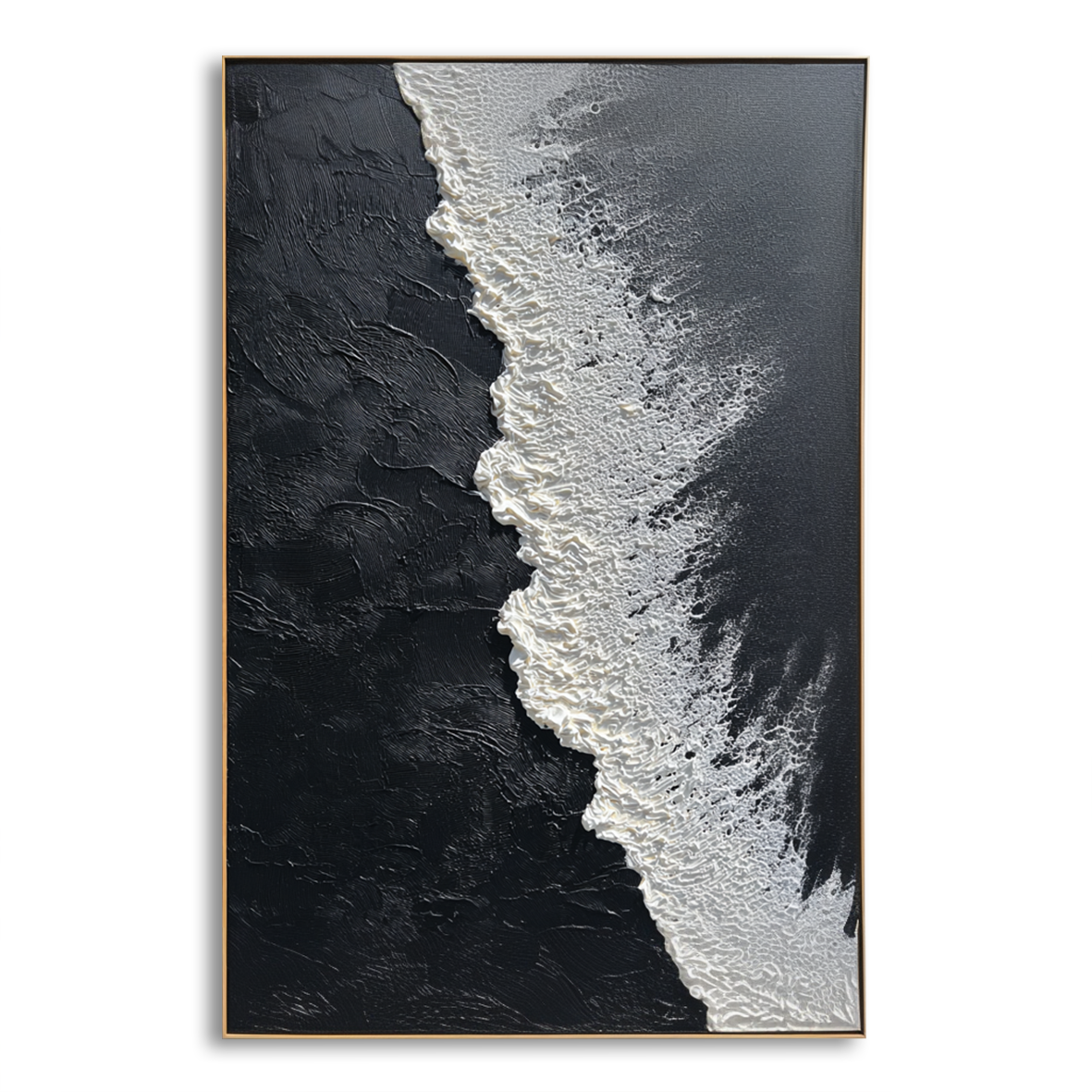 3D textured black and white ocean wave oil painting with thick sculpted foam