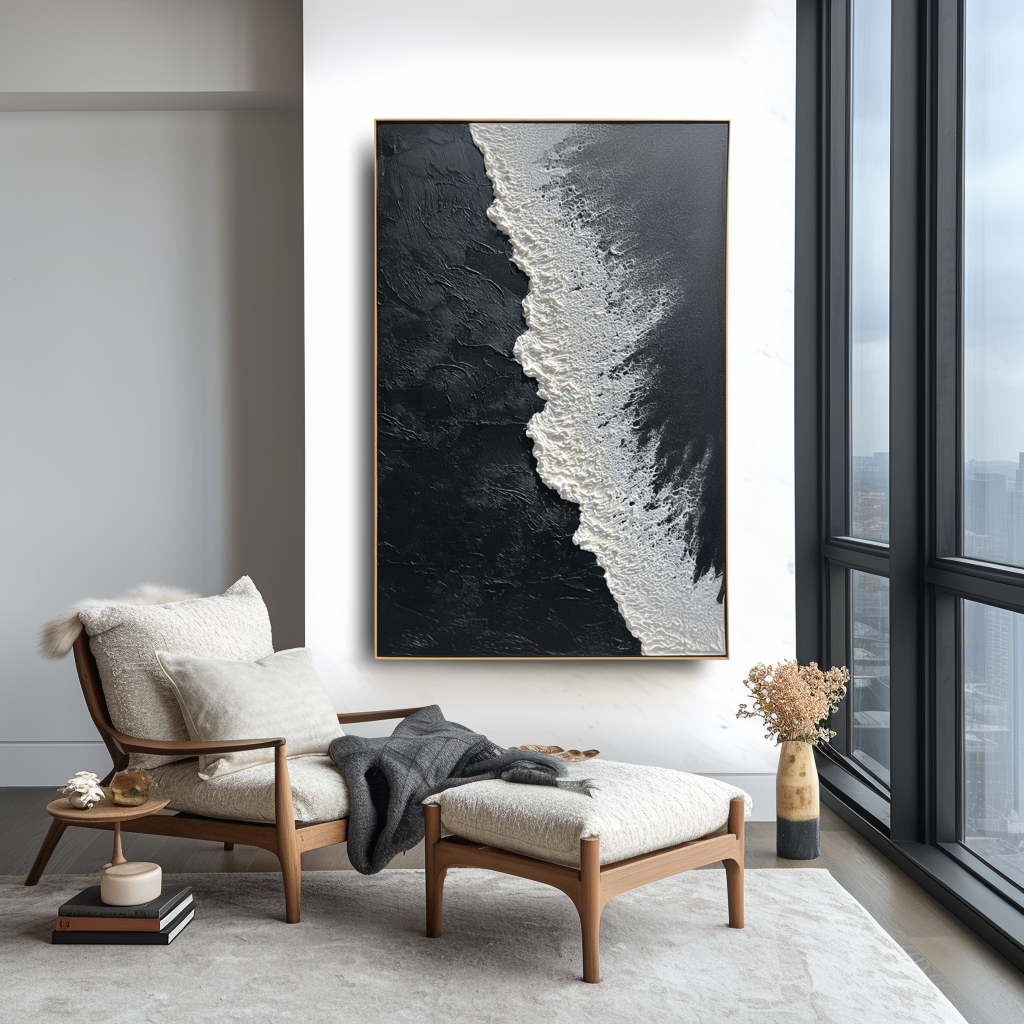 3D textured black and white ocean wave oil painting with thick sculpted foam