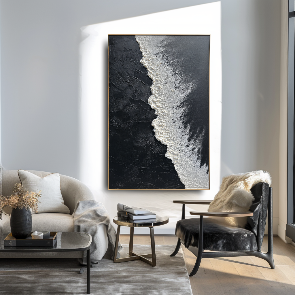 3D textured black and white ocean wave oil painting with thick sculpted foam