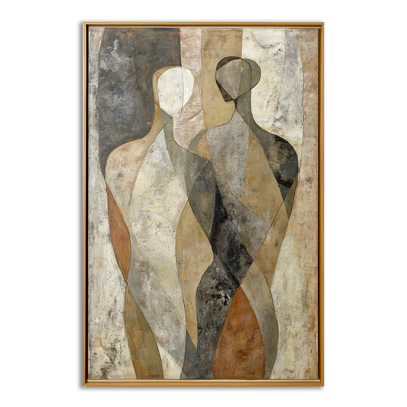 Abstract oil painting of two minimalist human figures in neutral tones and textured details