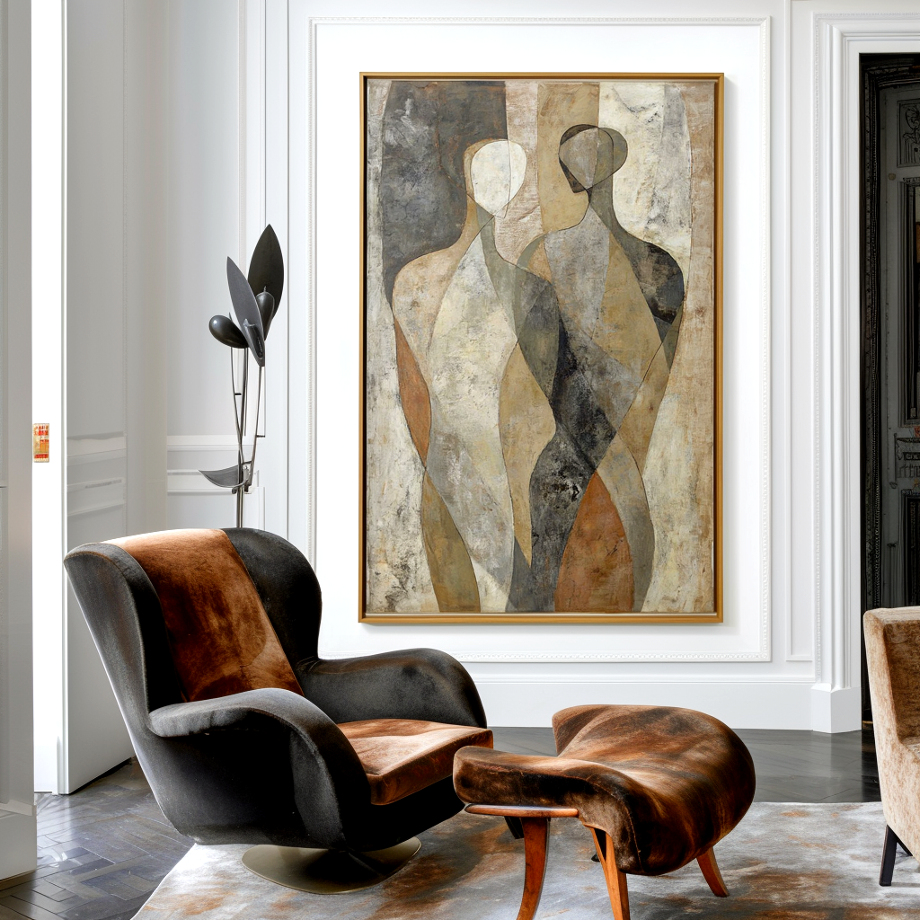 Abstract oil painting of two minimalist human figures in neutral tones and textured details