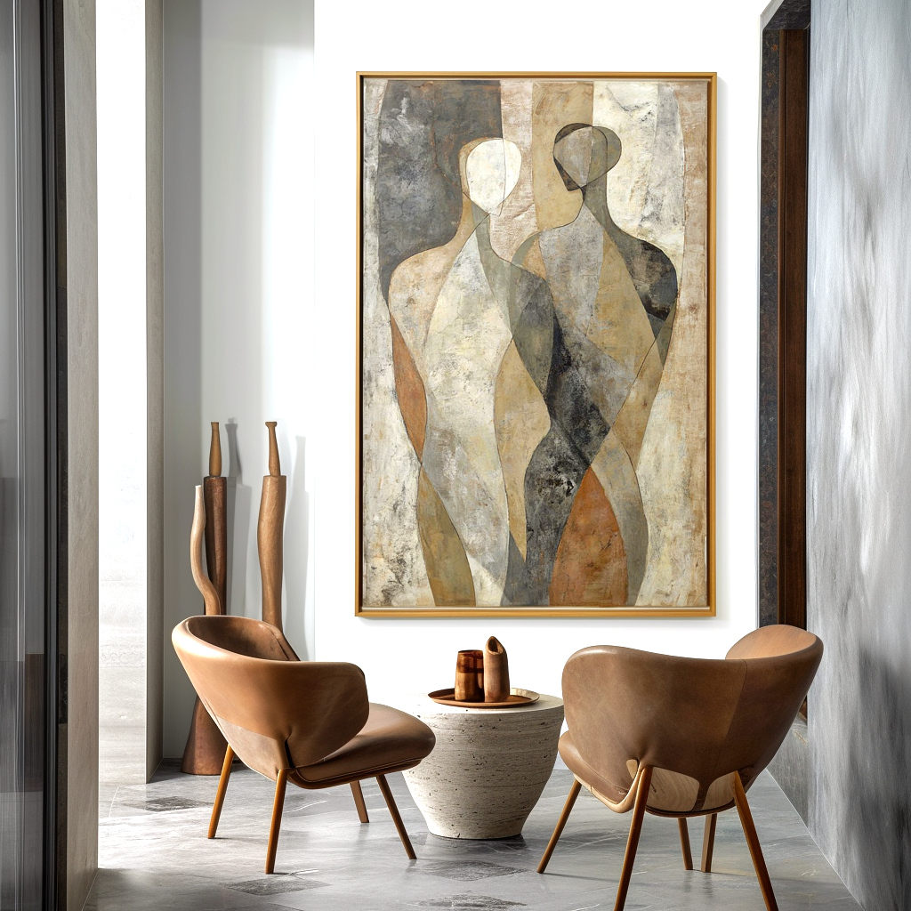 Abstract oil painting of two minimalist human figures in neutral tones and textured details