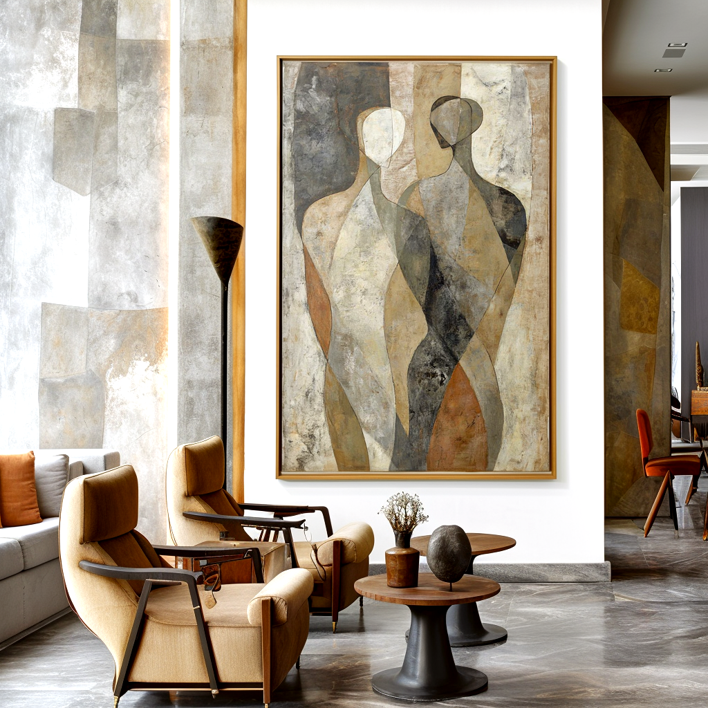 Abstract oil painting of two minimalist human figures in neutral tones and textured details