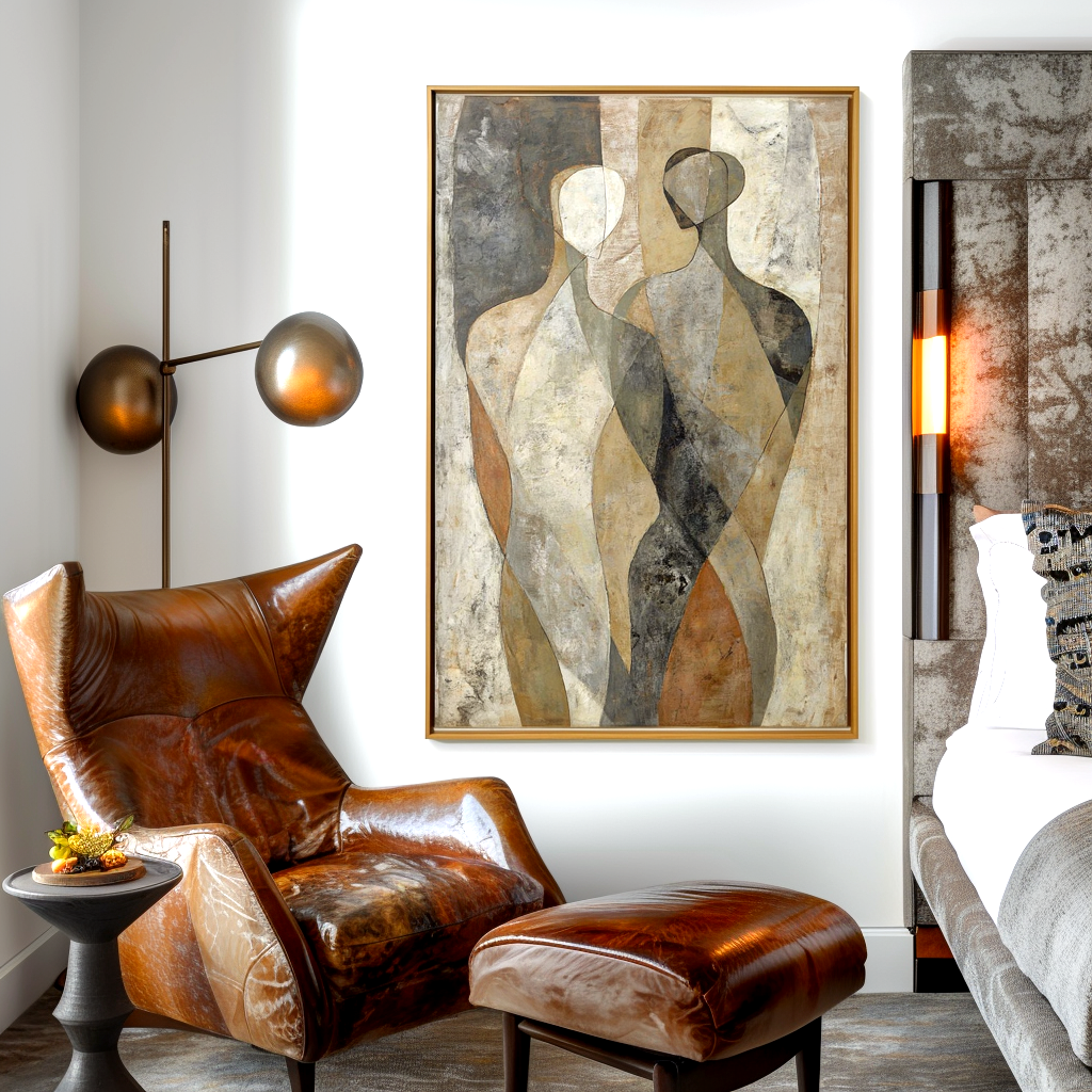 Abstract oil painting of two minimalist human figures in neutral tones and textured details