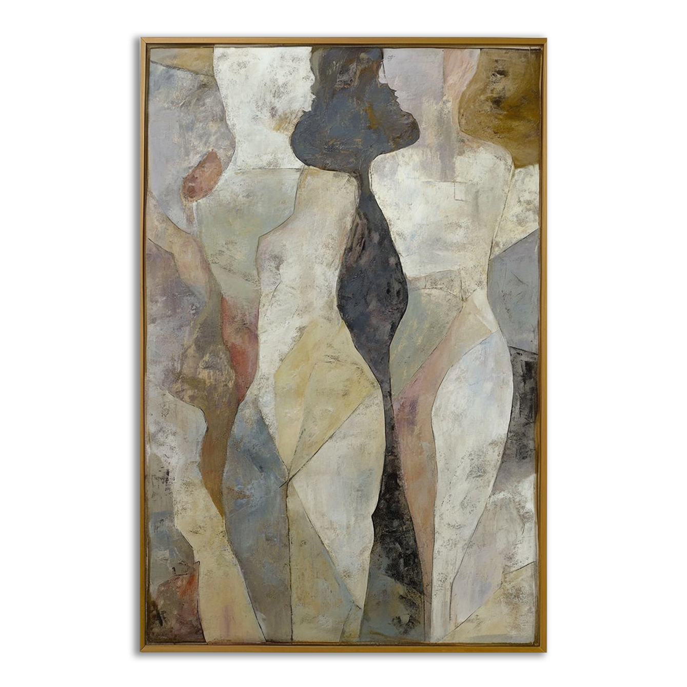 Textured abstract oil painting of two human figures in muted earthy tones with geometric shapes