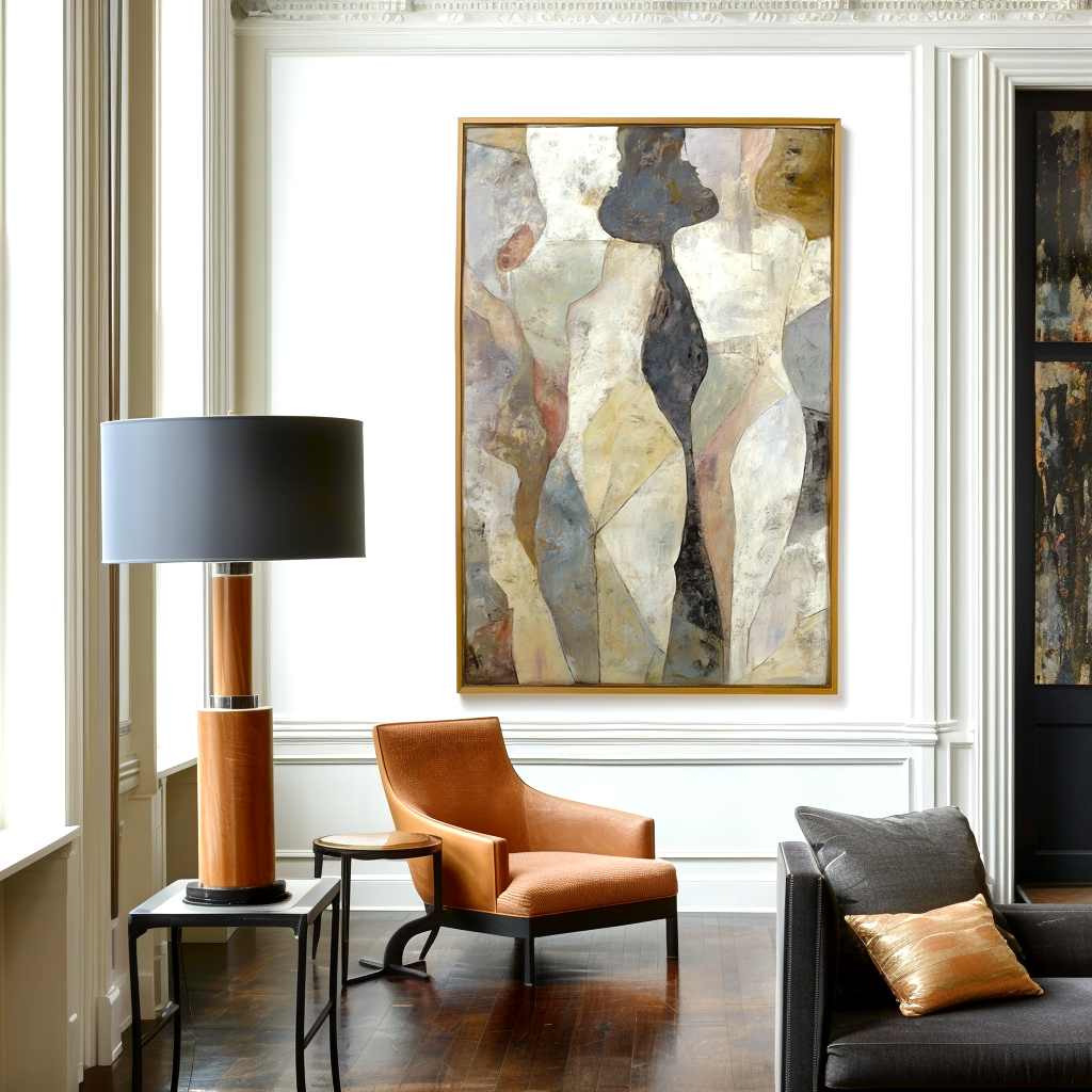 Textured abstract oil painting of two human figures in muted earthy tones with geometric shapes