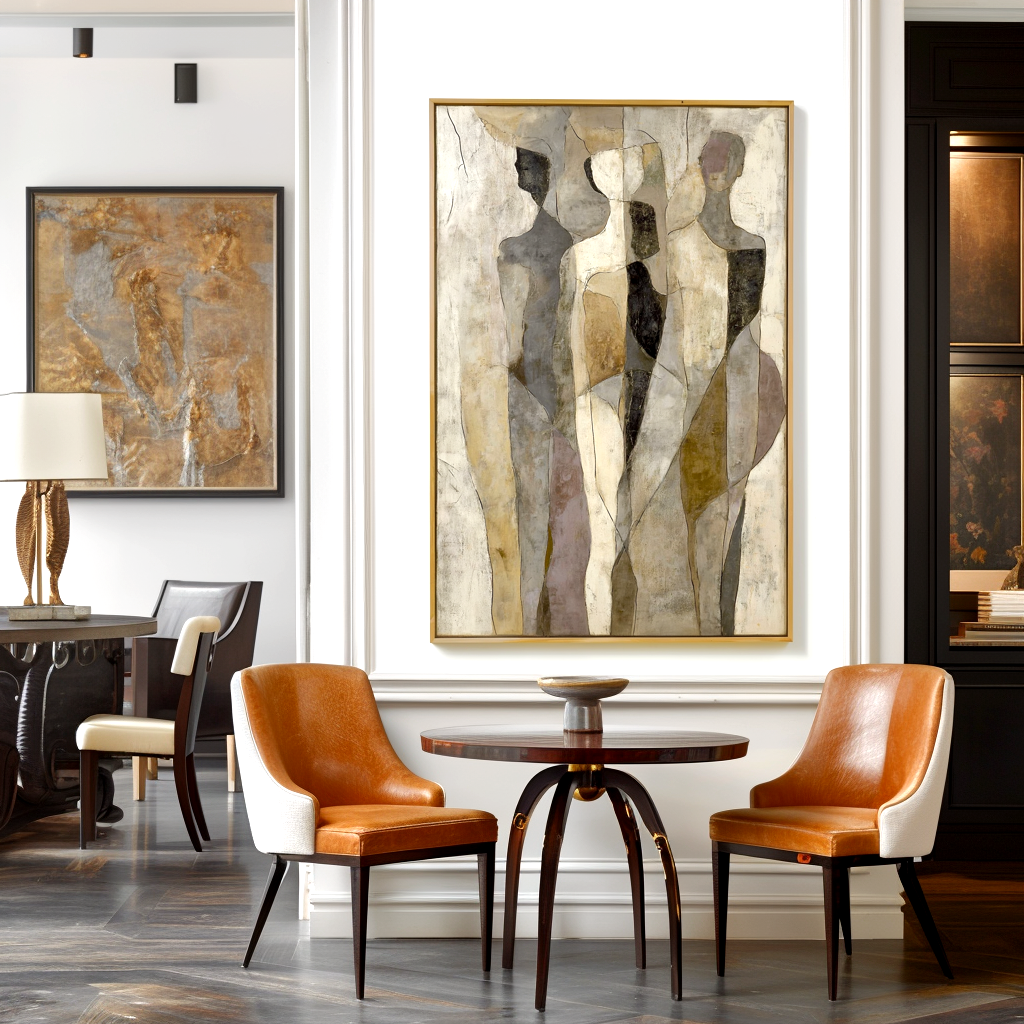 Abstract trio of minimalist human figures in muted earthy tones with geometric shapes