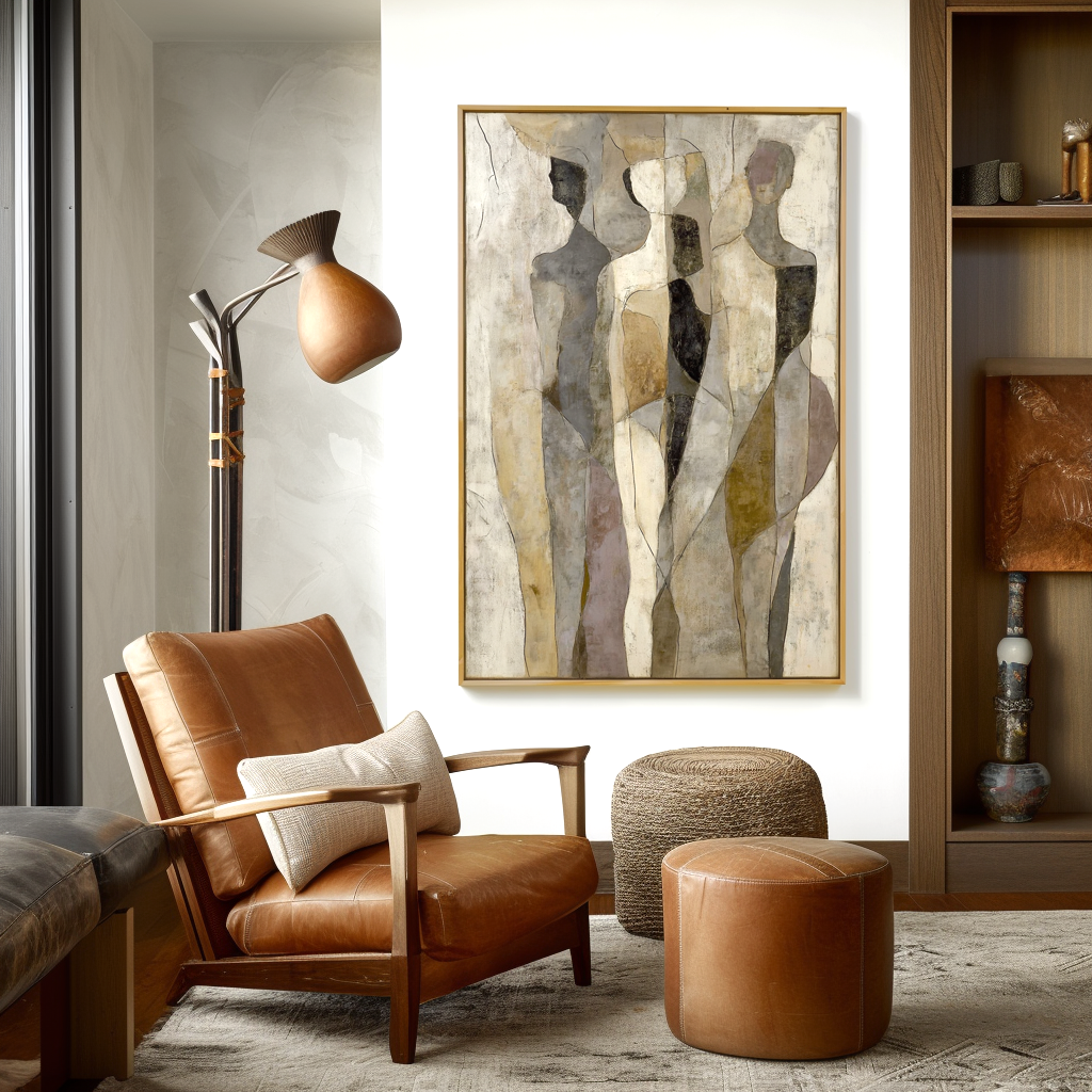 Abstract trio of minimalist human figures in muted earthy tones with geometric shapes