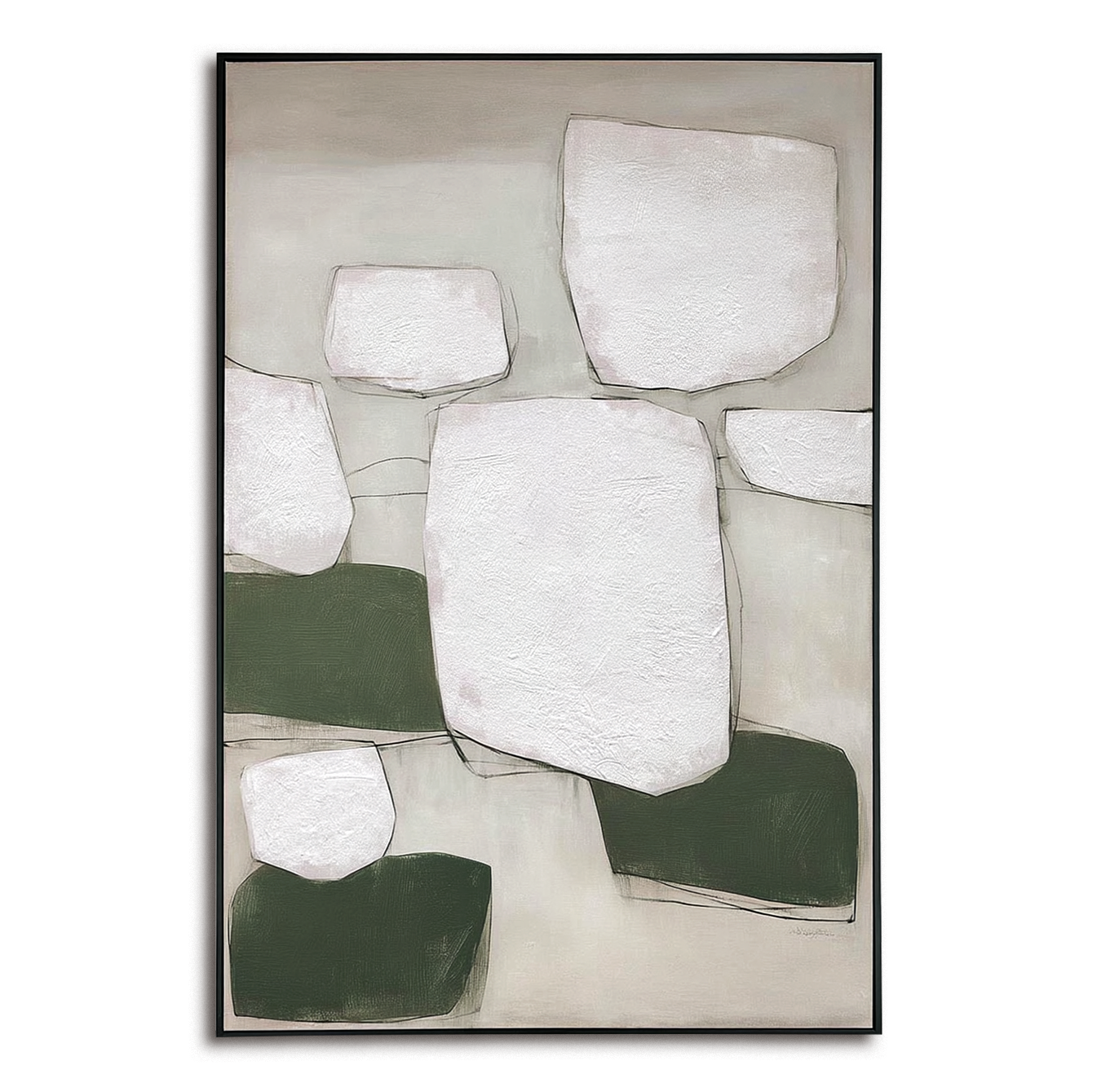 Textured abstract oil painting with white rectangles and green geometric shapes