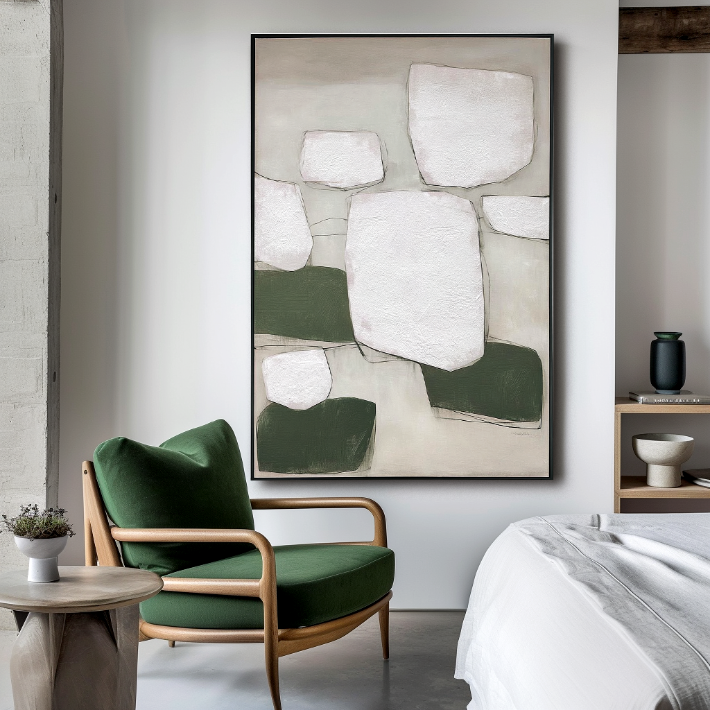 Textured abstract oil painting with white rectangles and green geometric shapes