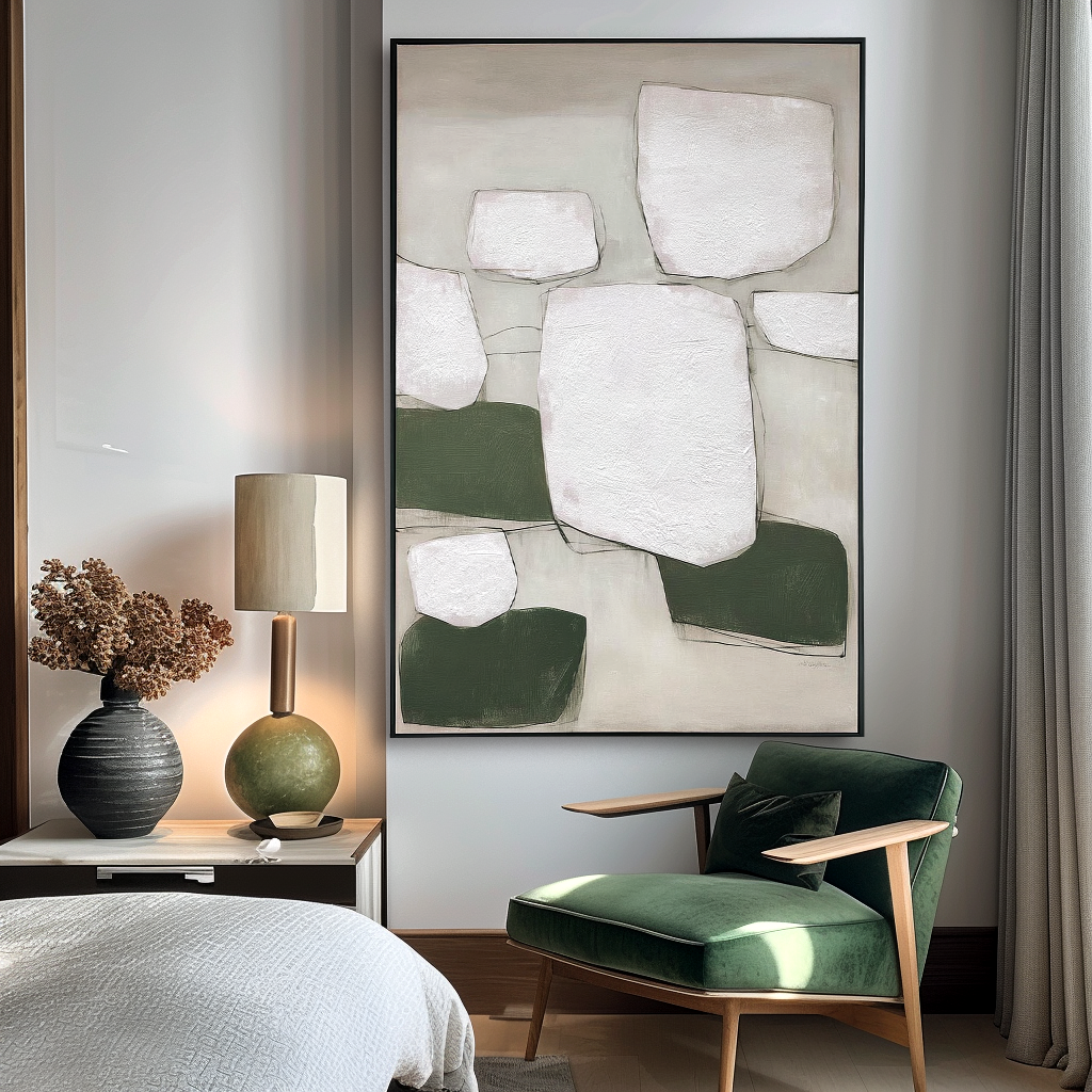 Textured abstract oil painting with white rectangles and green geometric shapes