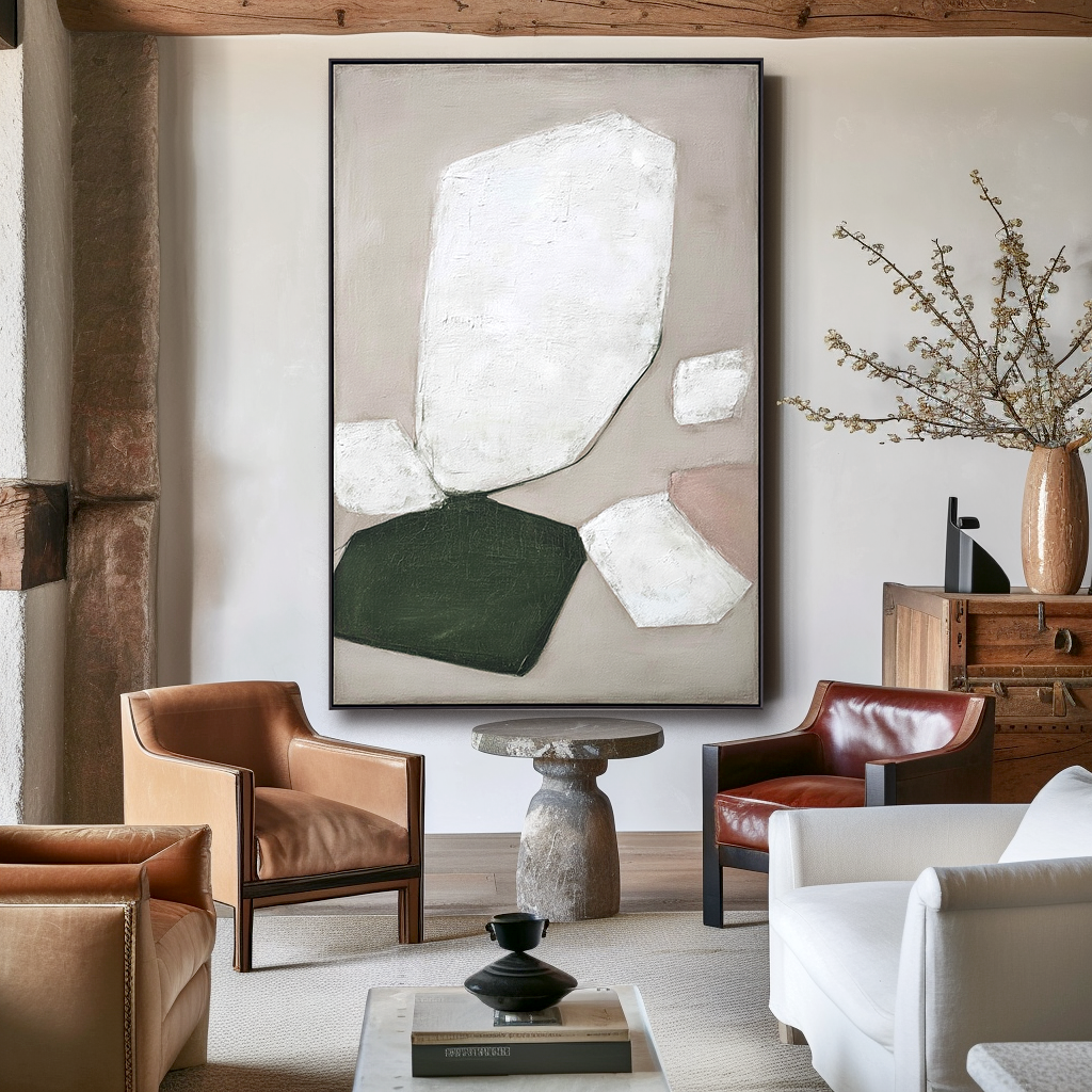 Textured abstract oil painting with geometric white, green, and pink shapes on a gray background